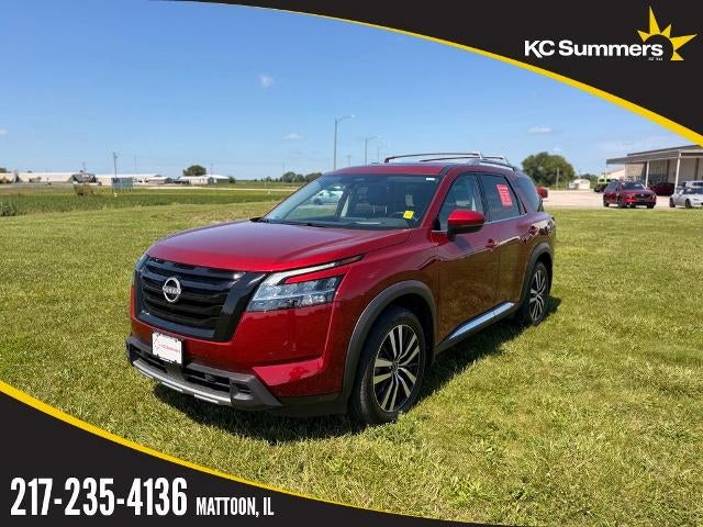 2024 Nissan Pathfinder Platinum 4WD in Scarlet Ember — front three-quarter view