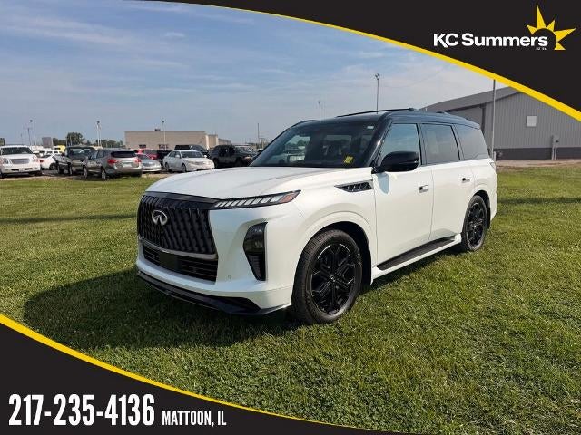 2026 INFINITI QX80 SPORT AWD in Radiant White/Black Obsidian — front three-quarter view